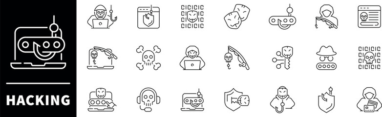 Hacker attack icons. Hacker line icon set. Cyber, attack, software, virus, scam, hacker, fraud, hacker attack related icons. Editable stroke, thin line icons set