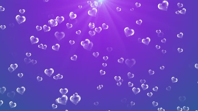 Romantic Floating Glass Hearts On Vibrant Purple Background With Light Rays. Dreamy Love, Valentine's Day, Wedding, Celebration & Anniversary Animation Loop.romantic Transparent Heart Bubbles Floating