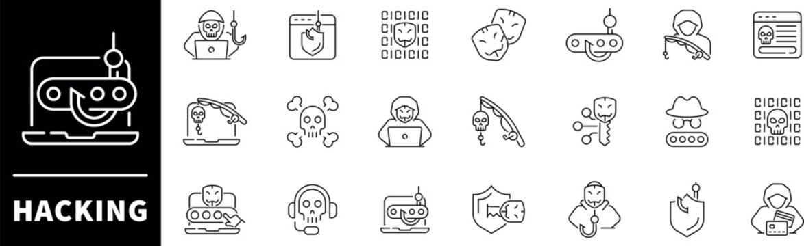 Hacker attack icons. Hacker line icon set. Cyber, attack, software, virus, scam, hacker, fraud, hacker attack related icons. Editable stroke, thin line icons set