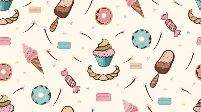Sweet watercolor vector pattern with donuts, cup cakes and ice cream.
