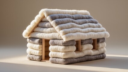 Mini house model wrapped in wool insulation layers, warm lighting and clean background highlighting winter energy saving, heat retention and cold-season thermal protection