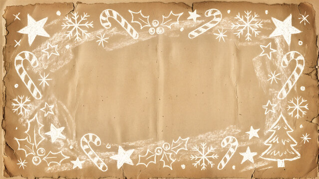 Vintage brown kraft paper Christmas background with white chalk doodles