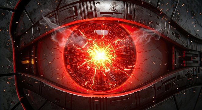 Futuristic red robotic eye glowing with internal energy and electrical sparks.