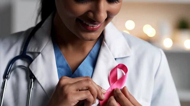 A smiling doctor in a white coat holding a pink ribbon, symbolizing breast cancer awareness and support.