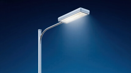 Modern street light pole with bright LED lamp glowing against dark blue night sky, illuminating area with clean white light