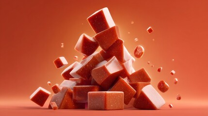 A pile of red blocks with a lot of space between them. The blocks are scattered all over the image