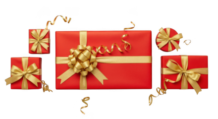 Collection of red gift boxes with gold ribbon isolated on transparent background