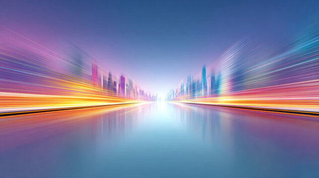 Motion blurred cityscape with vibrant light trails creates dynamic and futuristic urban scene filled with energy and speed