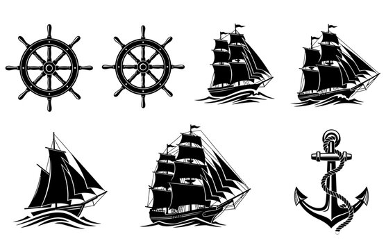 set of sailing ships,  helm ship and anchor, black and white, vector style, isolated on white