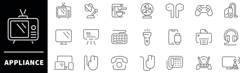 Home appliance vector outline icons set. Household electronics and devices icons