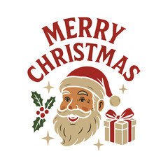 Jolly Santa Claus Illustration with Merry Christmas Typography, Festive Elements, Gift, Holly, and Glow