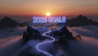 Fototapeta premium 2026 goals illuminated neon typography glowing on mountain peak with winding light path and sunrise sky