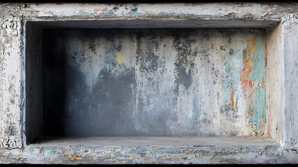 Dilapidated alcove with peeling paint, weathered texture, grunge aesthetic, dramatic lighting, empty space.
