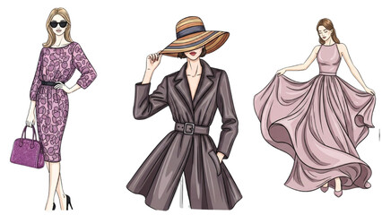 Elegant Line Art Fashion Trio – Handbag Pose, Hat Adjustment, Flowing Dress Twirl in One Continuous Colorful Style