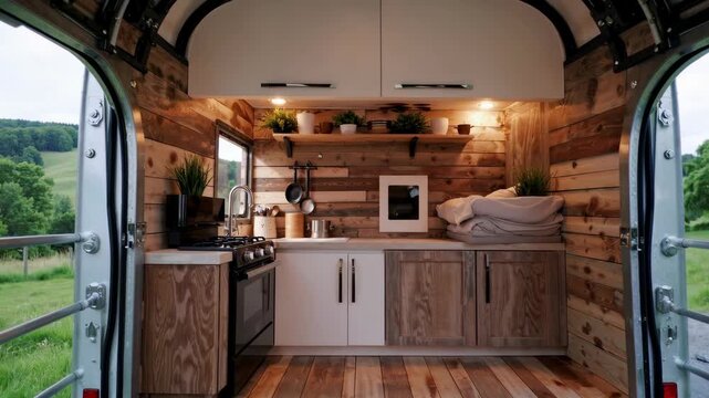 Cozy rustic tiny home kitchen with wood panel walls, open shelving, potted plants, compact layout, countryside and nature views, modern appliances