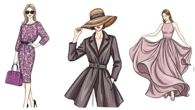 Elegant Line Art Fashion Trio – Handbag Pose, Hat Adjustment, Flowing Dress Twirl in One Continuous Colorful Style