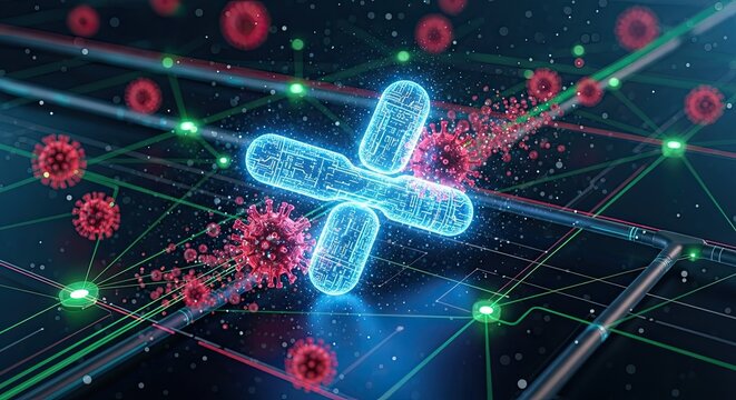 Microscopic view of bacteria and viruses on a digital circuit board.