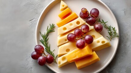 A plate of fruit with a cheese tree on it. The plate is white and the fruit is arranged in a tree shape