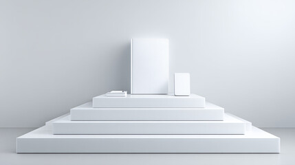 Minimalist white product display podium with blank vertical and horizontal surfaces for branding or advertising in clean studio setting