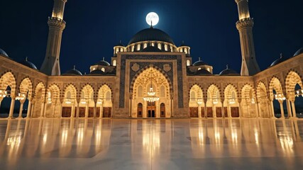 Nighttime view of a grand mosque with illuminated architecture, reflecting in the polished courtyard.