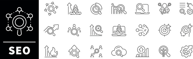 SEO vector icons. SEO thin line icons collection. Search engine optimization icon set. SEO, website, business, optimization, promotion related icons