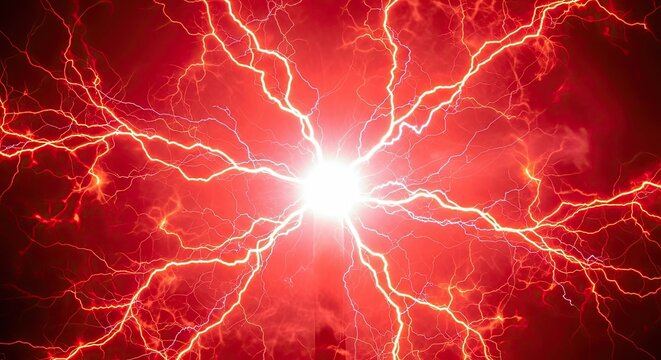 Powerful Red Lightning Bolt Energy Discharge with Bright White Core.