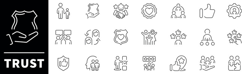 Trust vector icons. Trust thin line icons collection. Integrity, confidence, reliability, credibility, empathy, friends, trust related icon
