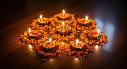Diwali diyas and marigold flowers arranged in a rangoli pattern