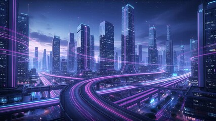 Modern cityscape with glowing magenta and cyan data streams. High-speed transportation routes connect towering skyscrapers in a technologically advanced metropolis. Camera tilts up then down. - Powered by Adobe