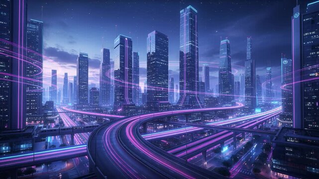 Modern cityscape with glowing magenta and cyan data streams. High-speed transportation routes connect towering skyscrapers in a technologically advanced metropolis. Camera tilts up then down. - Powered by Adobe