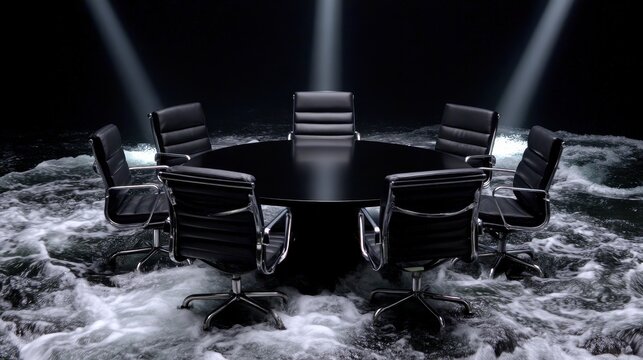 High angle view of chaotic business meeting in a dark conference room - dramatic image