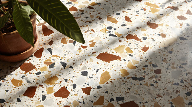 Elegant terrazzo texture with black and gold flecks, modern minimalist surface, abstract stone background.