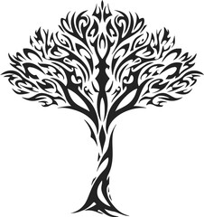 Obraz premium Tribal tree sketch, hand drawn vector with intricate swirling branches and bold abstract patterns. Vector illustration
