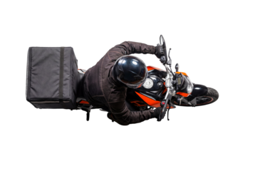 Top-down view of motorcycle delivery rider with insulated backpack on isolated background, professional courier driving motorbike for fast shipping and express logistics service