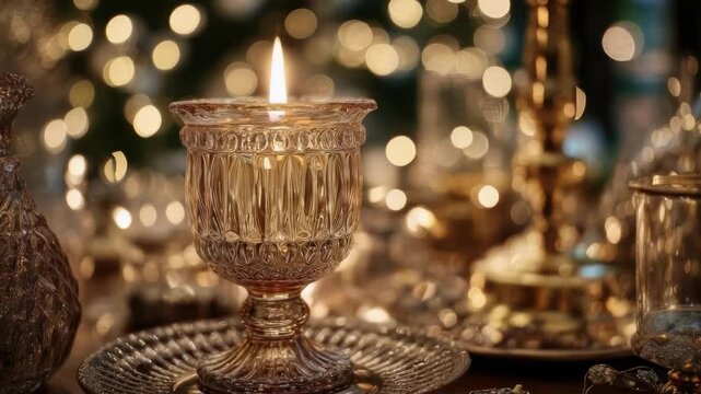 A lit candle in an ornate crystal goblet on a reflective table, with warm bokeh lights in the background.