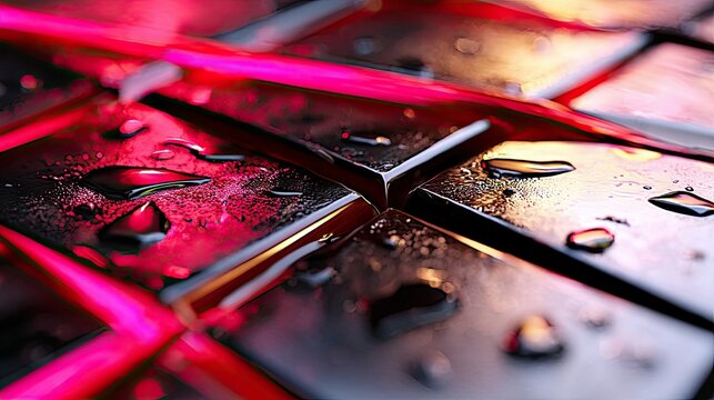 Close-up of a dark, textured surface with a grid pattern, covered in water droplets and illuminated by vibrant neon pink light, creating abstract reflections. - Powered by Adobe