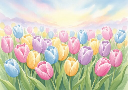 Pastel spring tulips field under soft sunlight - Powered by Adobe