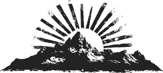 Naklejka premium Mountain silhouette sketch with sunburst rays in grunge hand drawn style. Vector illustration