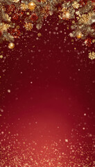 Festive holiday illustration featuring a rich red background adorned with golden snowflakes and sparkling ornaments, creating a warm and inviting atmosphere for seasonal celebrations