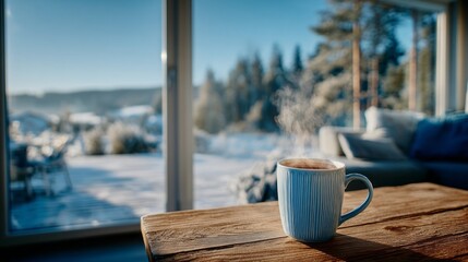 A blue mug of coffee sits on a wooden table in front of a window. The steam from the coffee is rising and filling the room with a cozy, warm atmosphere