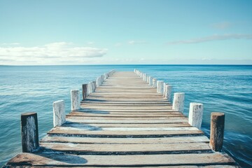 A wooden pier extending into the calm blue ocean under a clear blue sky.
