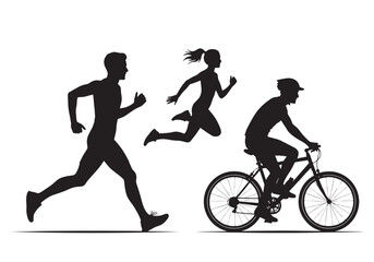 Silhouettes of Running, Jumping, and Cycling Figures in Motion