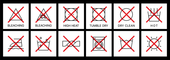 Do Not Laundry Symbols Set - Forbidden Care Instructions & Prohibited Washing Icons.