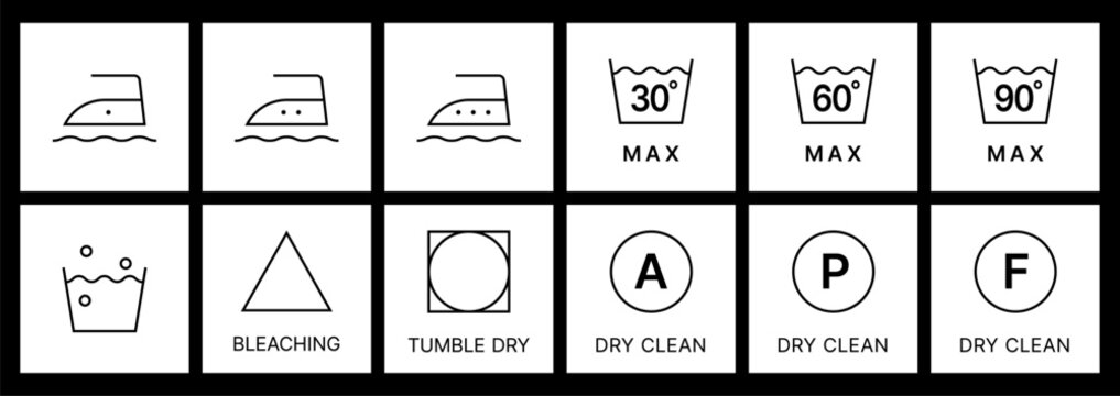 Minimal ISO 3758 Laundry Care Symbols Set - Washing, Tumble Dry, Ironing & Dry Clean Instructions.