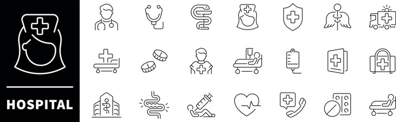 Hospital vector icons. Hospital thin line icon set. Medical icon set. Doctor, medicine, hospital, treatment, healthcare, nurse, pills, clinic, hospital icons