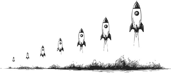 Rocket launch sequence sketch, hand drawn style, showing stages of liftoff and ascent. Vector illustration