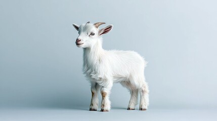 Obraz premium A young, white goat with small horns stands facing left against a plain, light blue backdrop. The lighting is soft and diffused, creating a gentle mood.