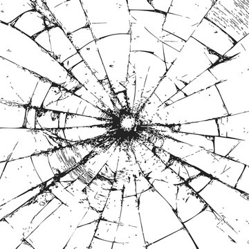 Broken glass sketch, hand drawn style with radial cracks and shattered fragments. Vector illustration