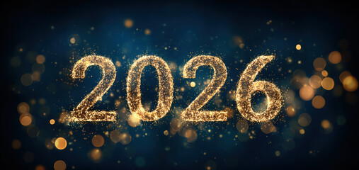 Sparkling golden numbers 2026 on a dark blue background, surrounded by shimmering bokeh lights, creating a festive atmosphere for New Year celebrations and joyful moments
