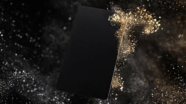 Elegant vertical blank voucher template surrounded by sparkling gold dust particles luxurious black background design
